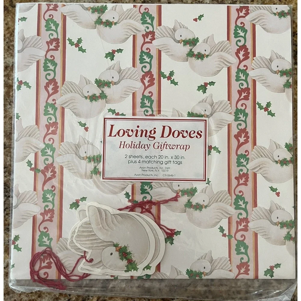 VTG Avon Holiday Wrapping Paper. Loving Doves! Holly & 4 Gift Tags! NOS